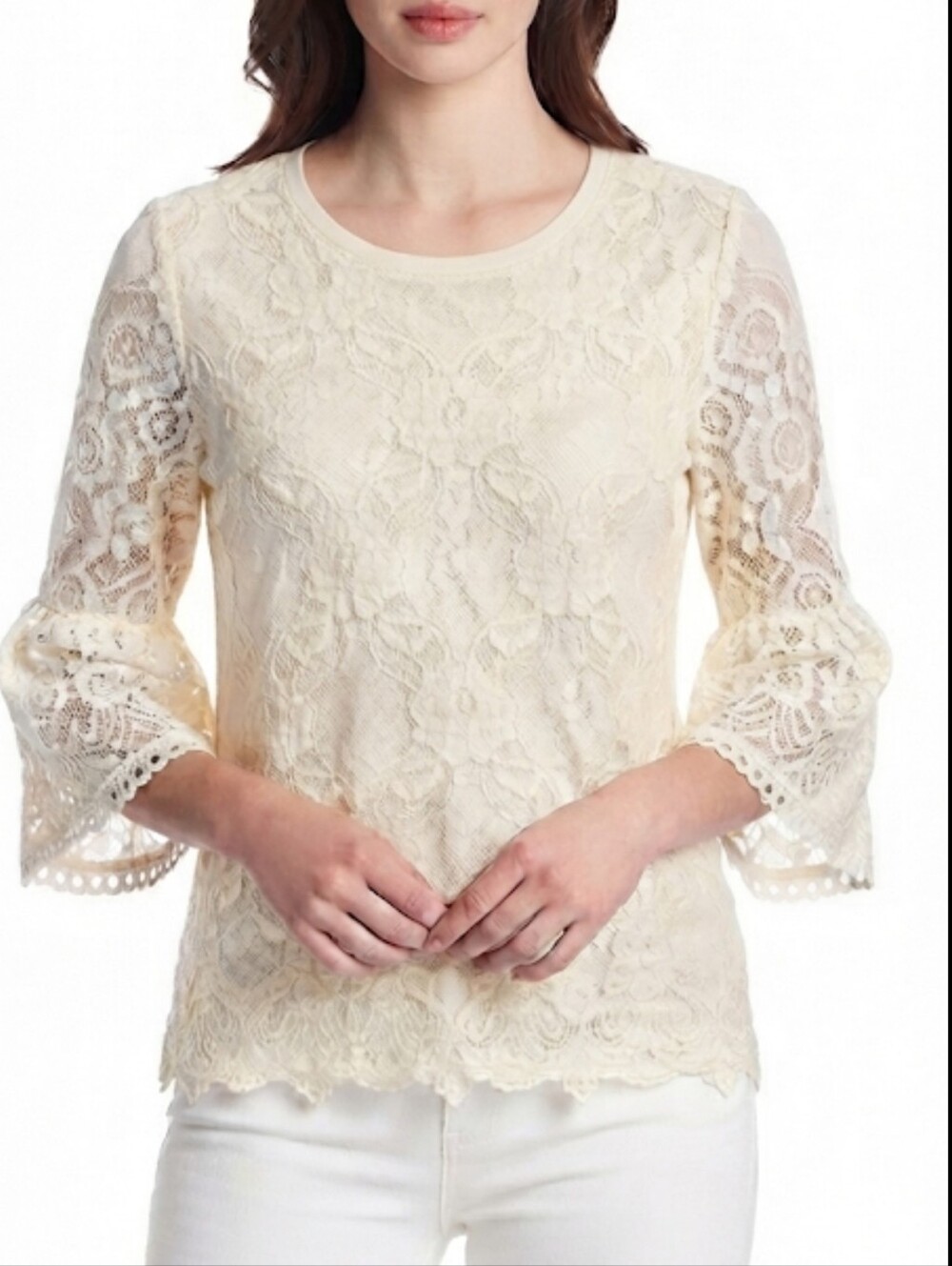 Karl Lagerfeld Floral Lace Bell Sleeve Ivory Blouse S